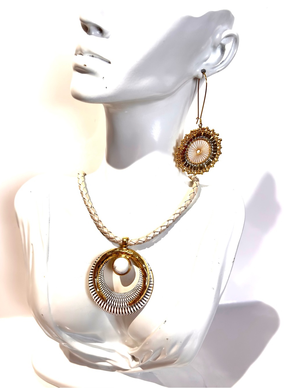 Handmade Cream Braided leather choker Necklace with Gold white Pendant/earrings